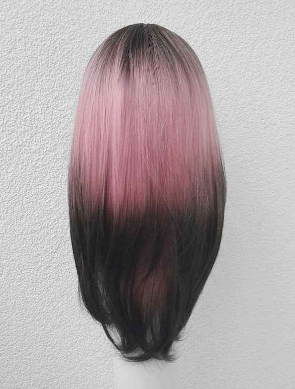 Różowa peruka z odrostem brązowym z prostą grzywką cosplay wig ombre