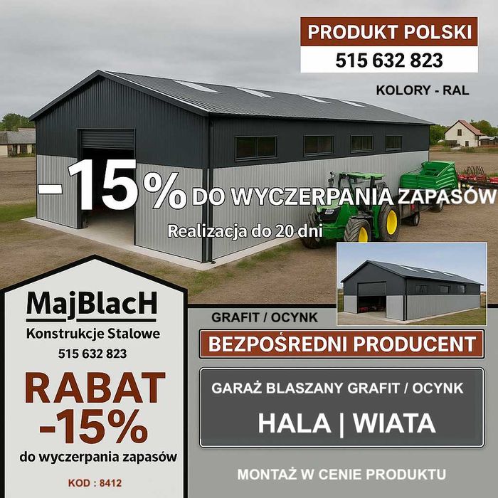 DWUKOLOROWY Garaż Blaszany Dwuspadowy – Hala - Magazyn  - Maj-Blach