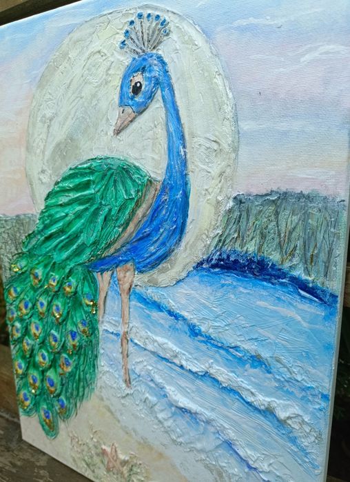 Obraz strukturalny rękodzieło akryle malowany paw