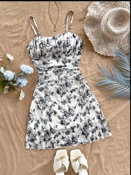 Женское платье-спагетти с цветочным принтом и сеткой - Повседневное ле