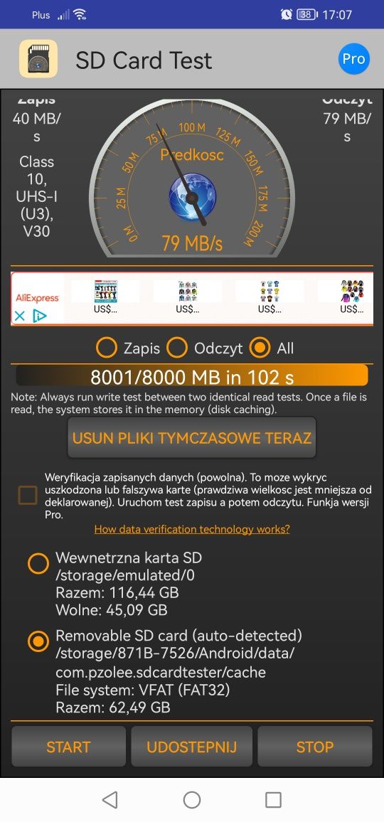 Karta pamięci micro sd 64 gb. Zapis 40 MB/s. Odczyt 79 MB/s.