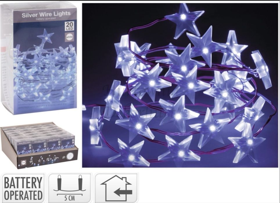 Lampki na druciaku gwiazdy 20 LED BIAŁE ZIMNE 95CM NA BATERIE