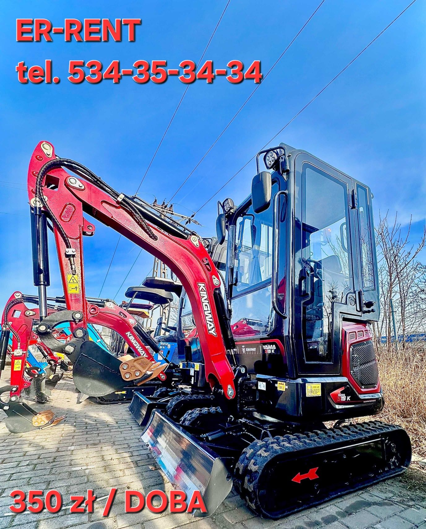 Wynajem minikoparki z silnikiem KUBOTA 1200kg, w zestawie z 3 łyżkami