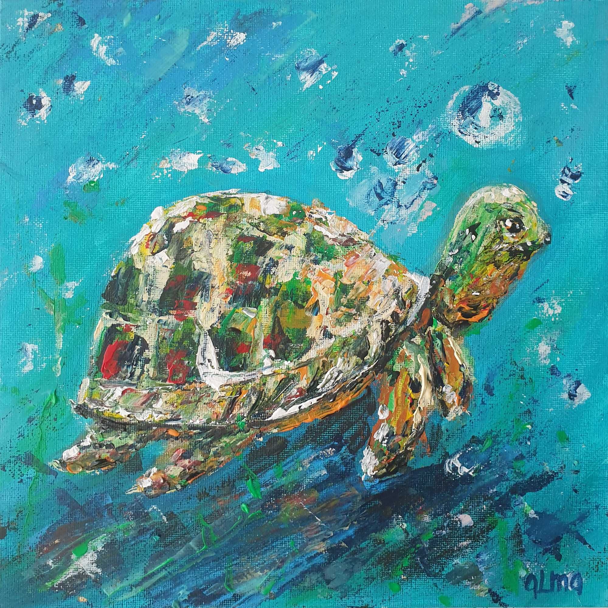 Obraz ręcznie malowany  25x25 cm żółw