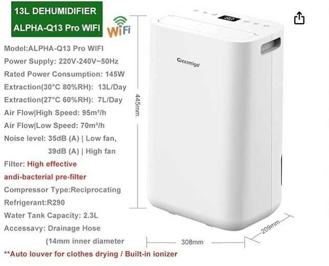 Desumidificador economico (0,30€/dia) silencioso, programável com WIFI