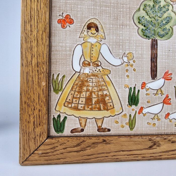 Płytka ceramiczna z terakoty z drewnianą ramą z lat 70-tych  WŁOCHY