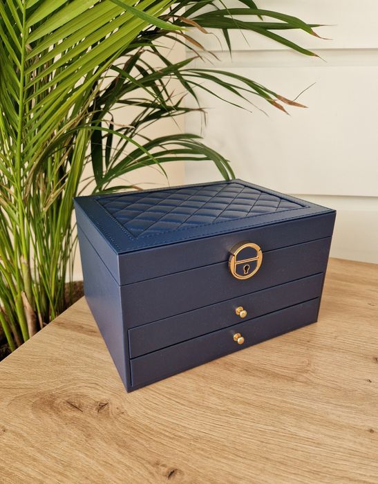 Granatowy luksusowy elegancki kuferek na biżuterię duży