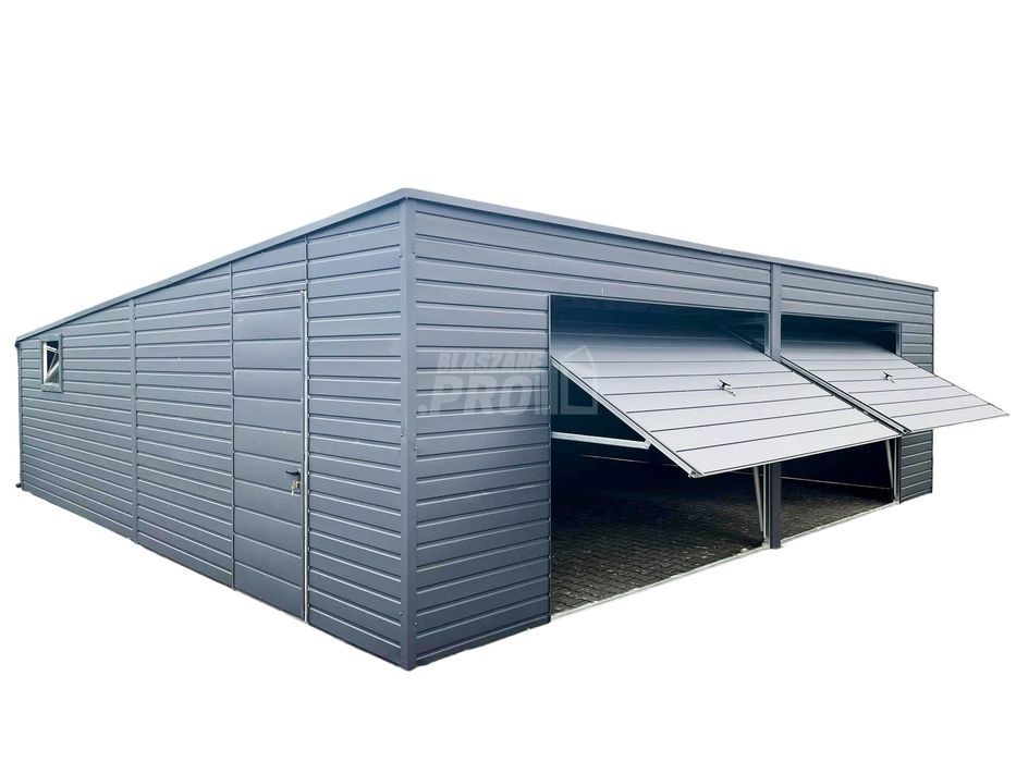 Garaż blaszany 8x8 Brama uchylna x2 + okno antracyt spad w tył GP160