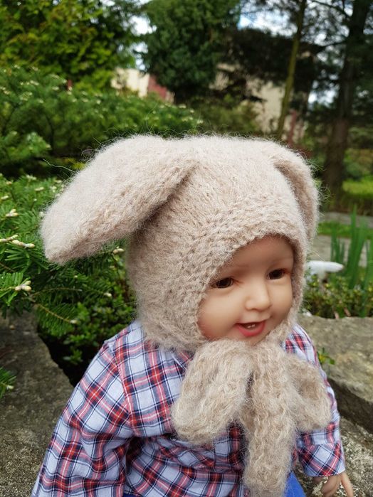 Czapka Piesek beż 34/36 chrzest, wcześniak, noworodek