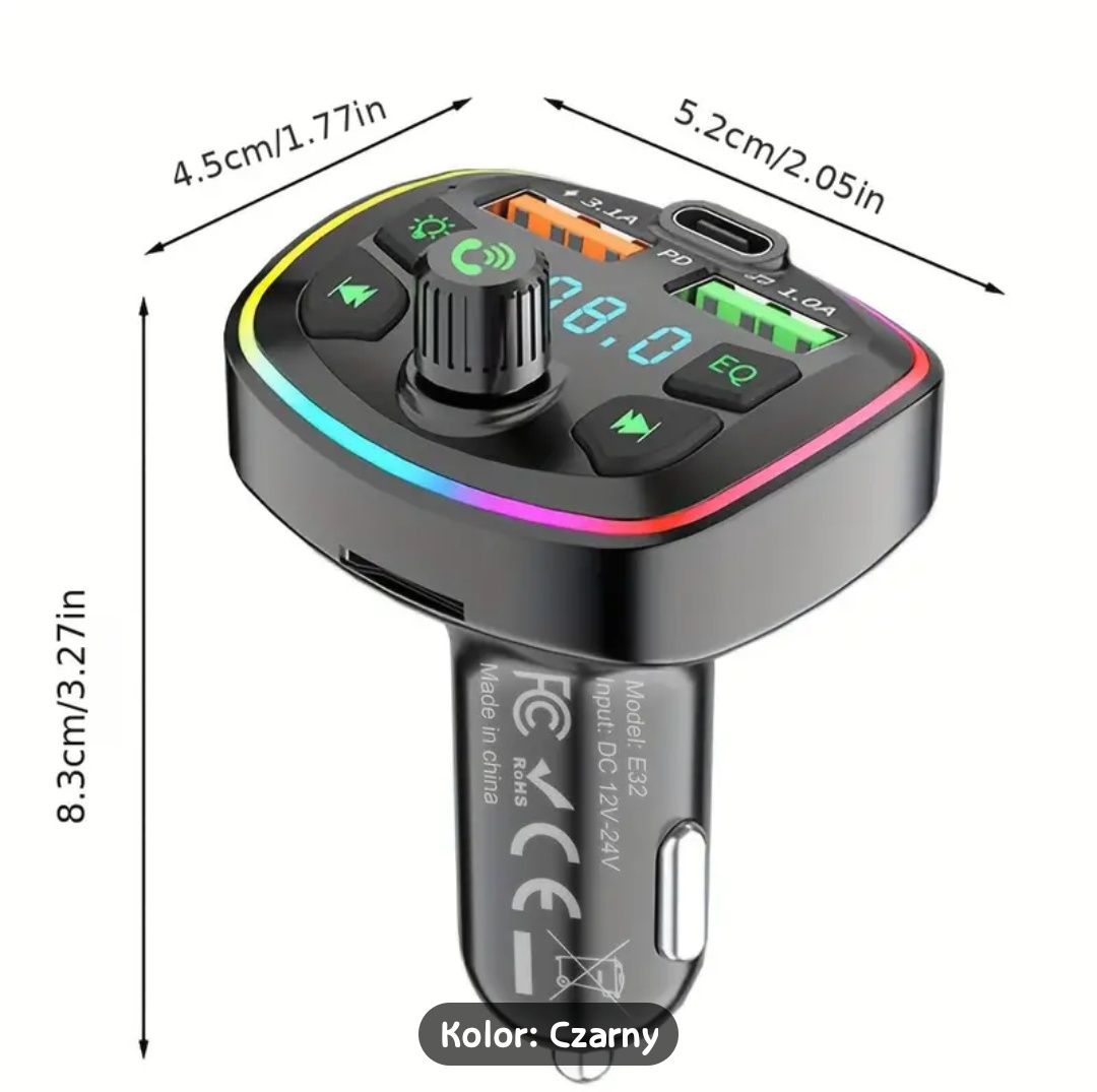 Transmiser FM MultiColor USB, USB-C woltomierz itd