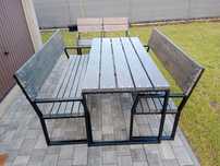Zestaw LOFT meble ogrodowe drewno metal: 1x stół, 2x ławka, 2x krzesło