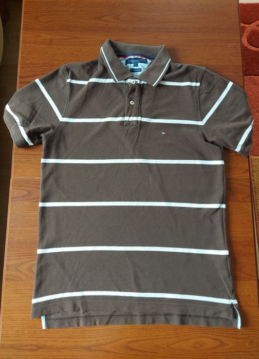 Brązowa męska koszulka polo w białe paski rozm. L