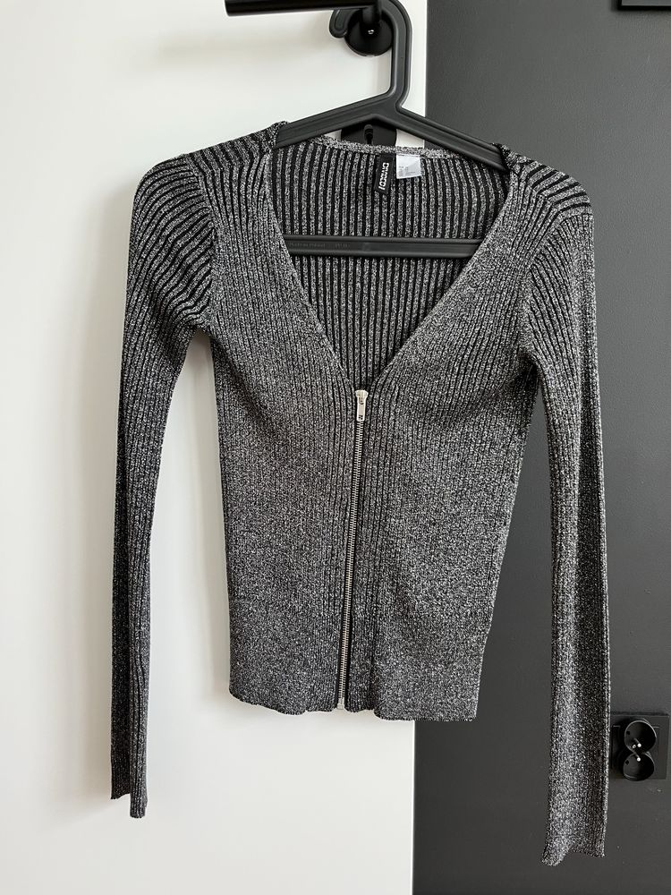 Szaro srebrny rozpinany sweterek H&M 34 XS