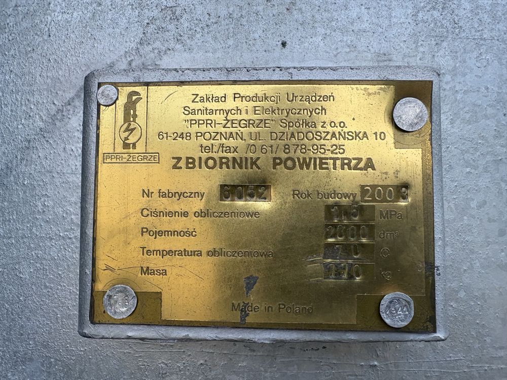 Zbiornik ciśnieniowy powietrza 2000 litrów - 2m3 - 15 bar ocynkowany