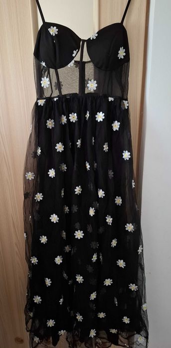 Długa sukienka balowa haft tiulowa maxi L XL czarna gorsetowa