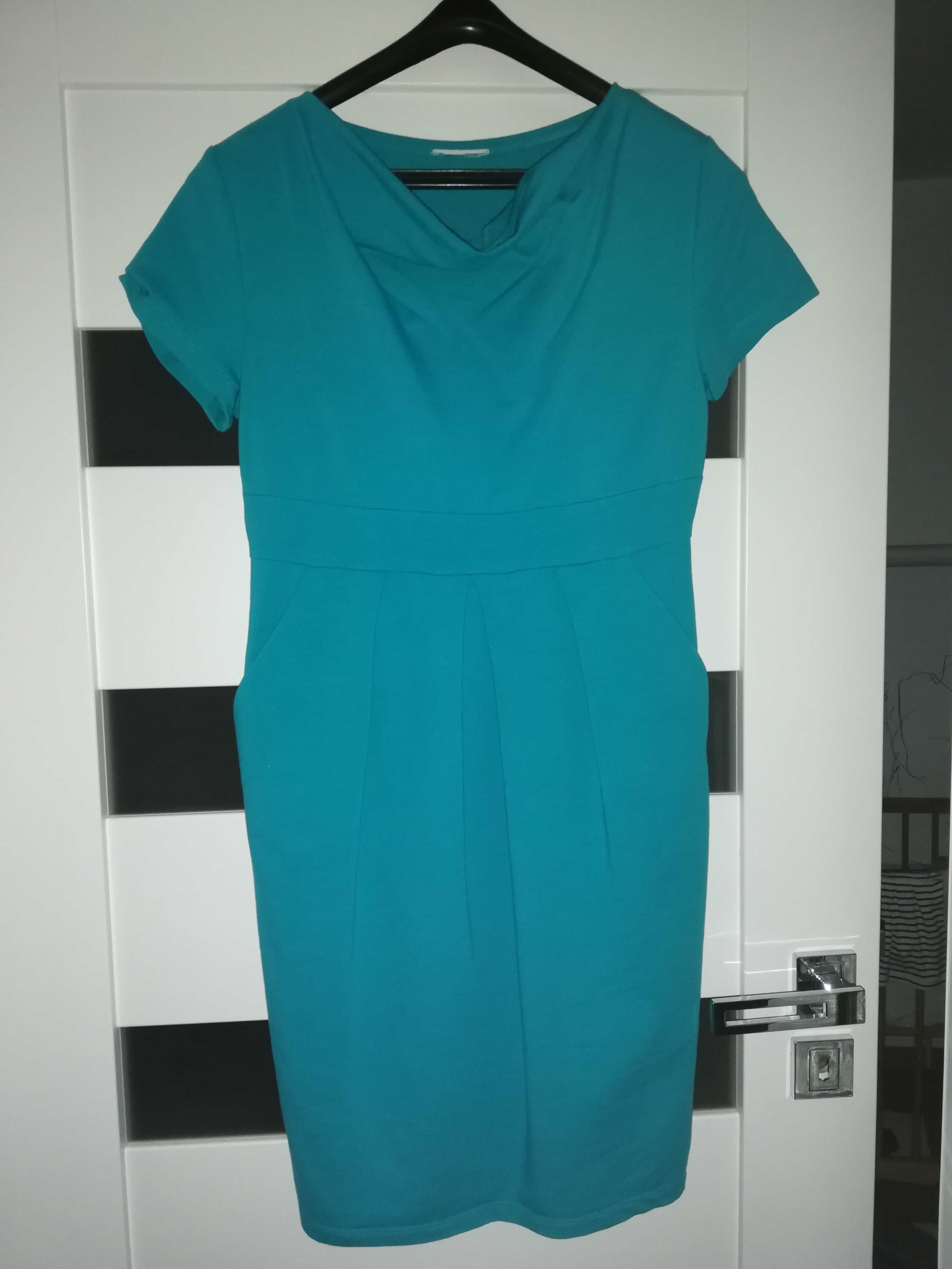 elegancka sukienka ciążowa r 36 z krótkim rękawem na wesele błękitna