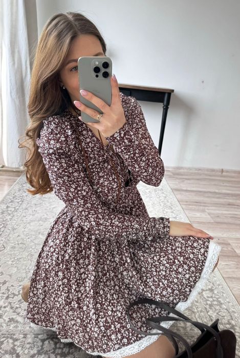 Brązowa czekoladowa krótka sukienka w kwiatki wiązana boho 38 M