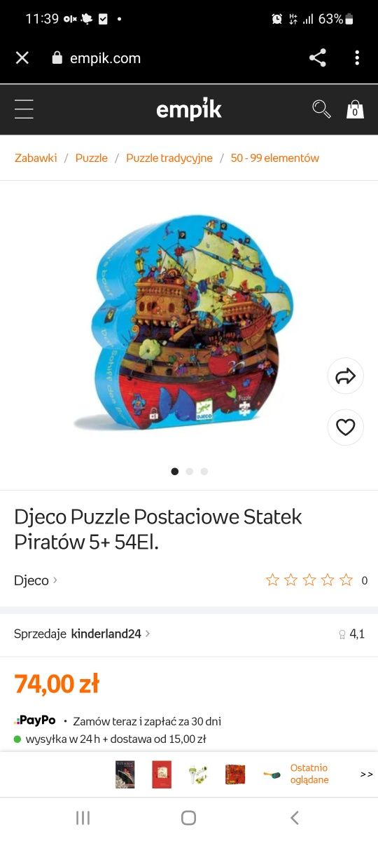 Unikatowe puzzle premium Djeco -  Statek piracki ideał jak nowe