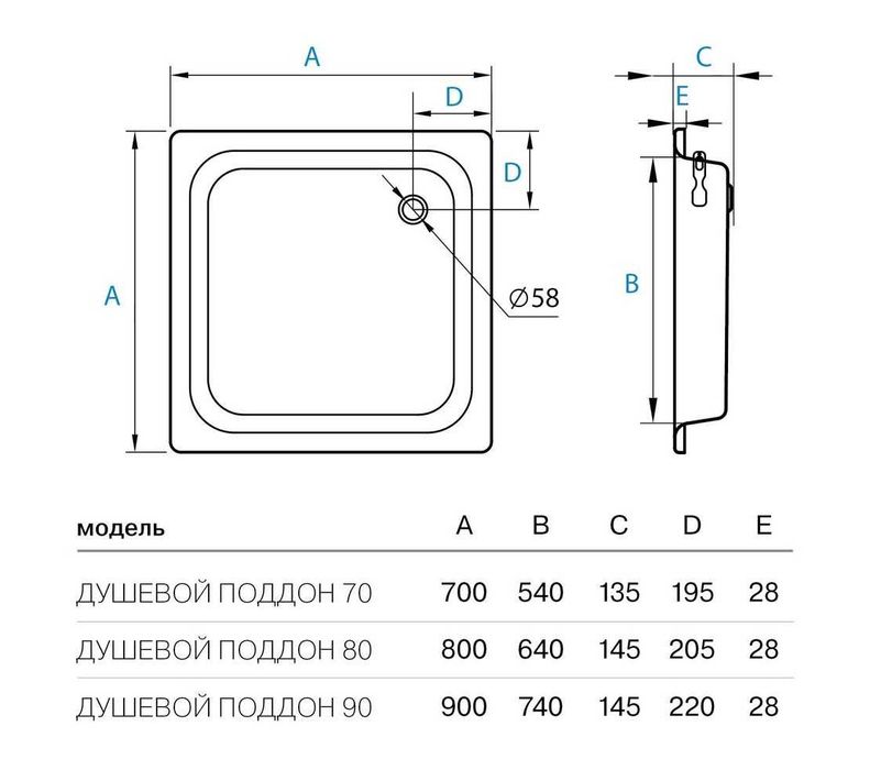 Душевой поддон стальной 70 х 70, 80 х 80, 90 х 90. Koller Pool, Ferro.