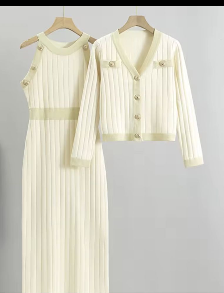 Kontantto komplet sukienka kardigan beż zlote guziki xs-xl
