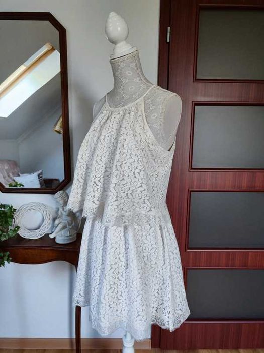 Sukienka koronkowa bawełniana koronka ecru kremowa XS 34 Mango