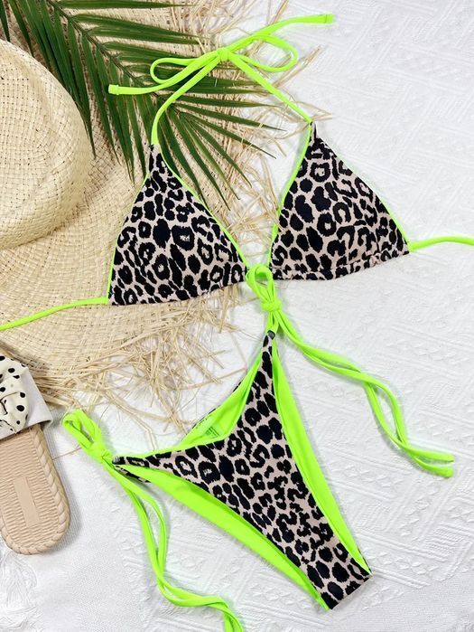 Strój Kąpielowy BIKINI Stringi SEXY Neon Wiązane Panterka - XL