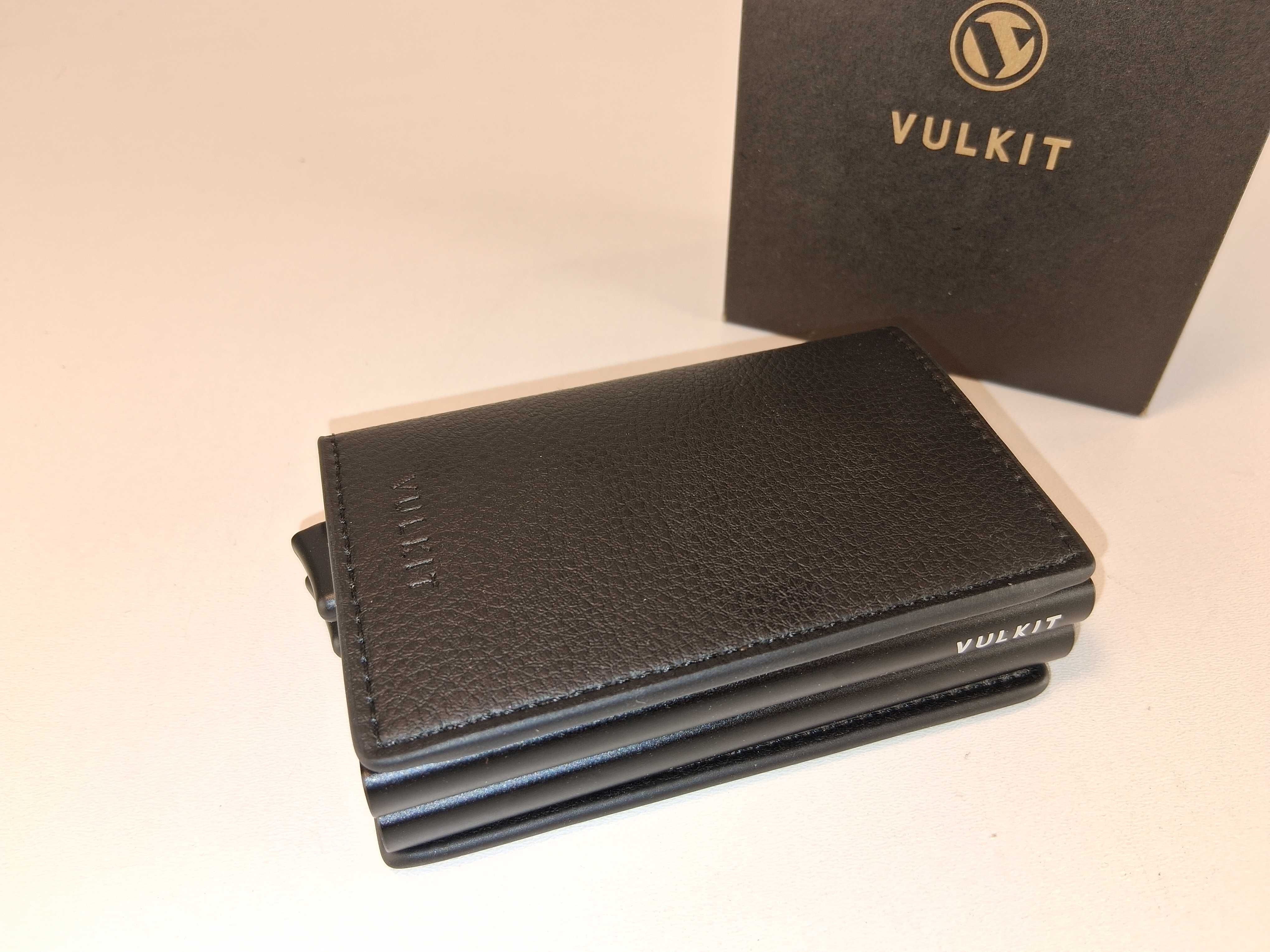 E050 Elegancki Czarny Portfel VULKIT Podwójny Skórzany Etui na Karty