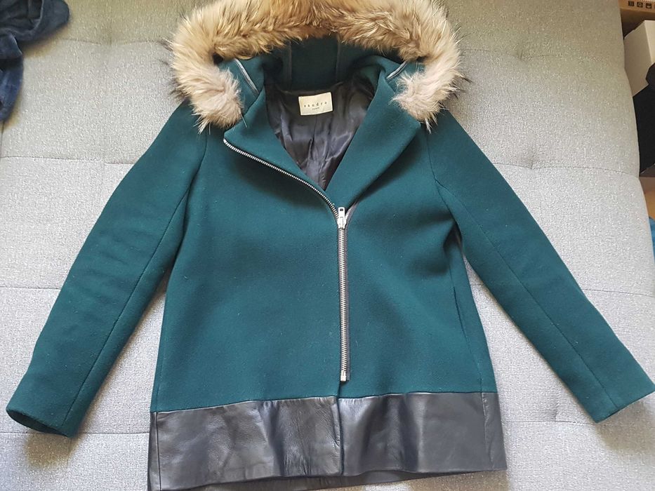 Sandro wełniany płaszcz futro jenot rozmiar M