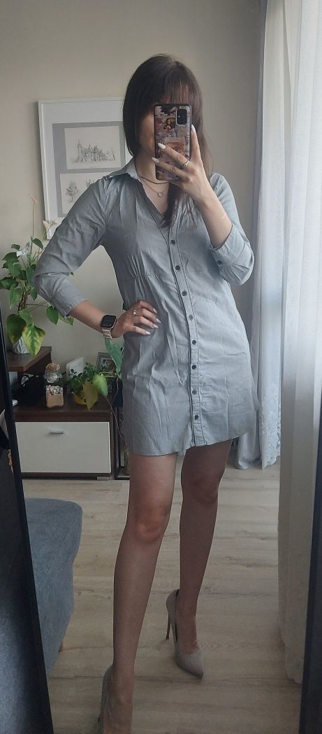Szara koszulowa szmizjerka mini w paski z rękawem 3/4 Tally Weijl XS