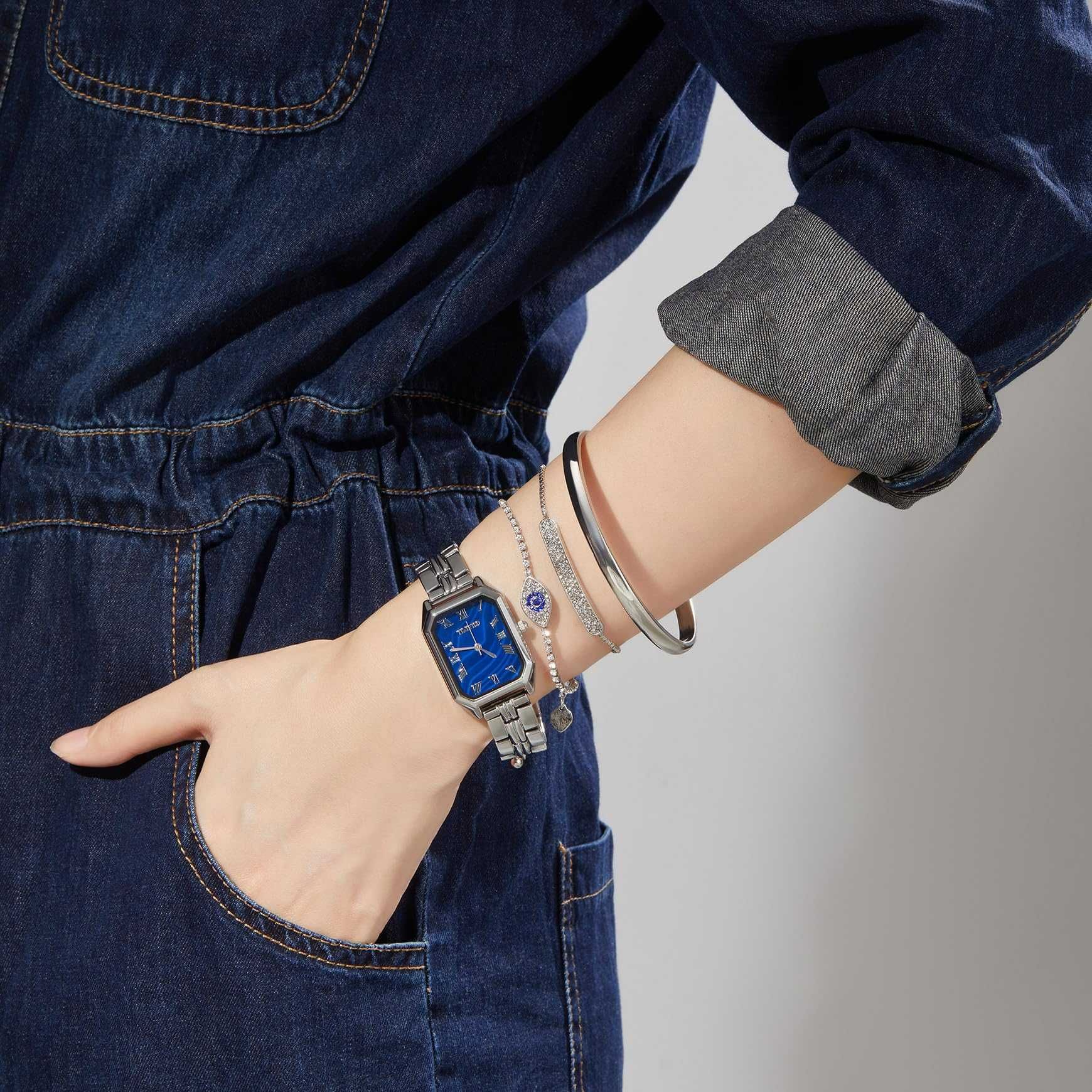 Zegarek damski TIME100 srebrny z bransoletkami elegancki komplet