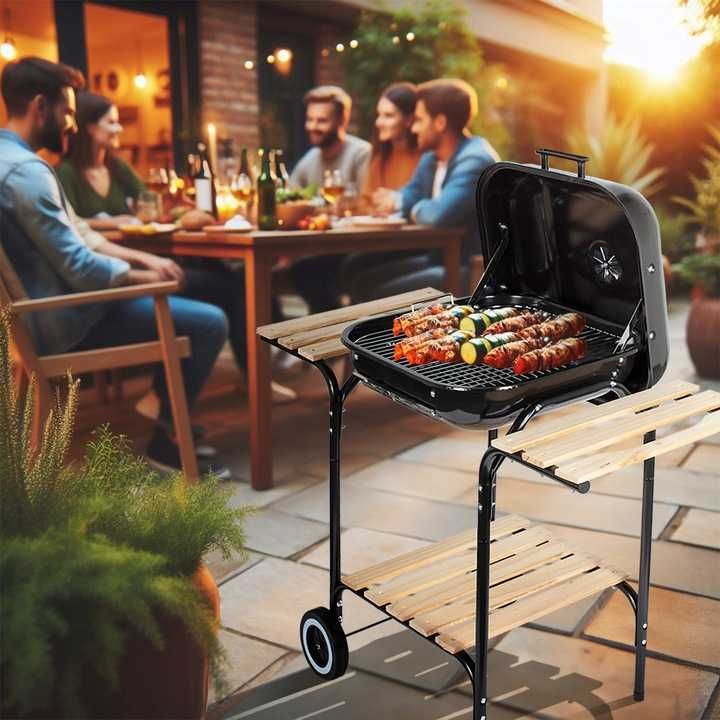 Grill węglowy z pokrywą ogrodowy duży ruszt półki kółka dmuchawa