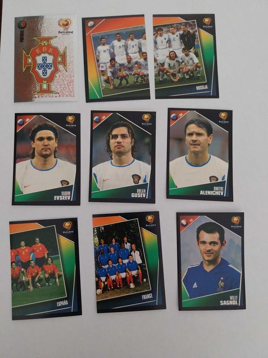 Lote 9 cromos autocolantes Euro 2004, futebol, coleção, UEFA, panini