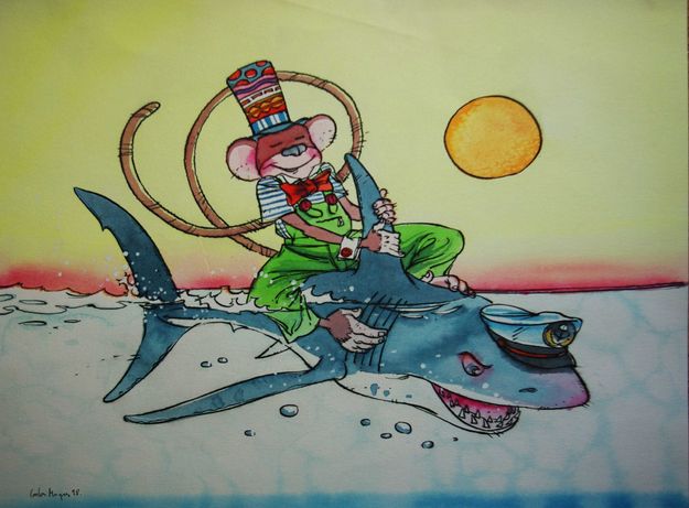 Ilustração infantil. Aguarela e tinta da china. O macaco e o tubarão