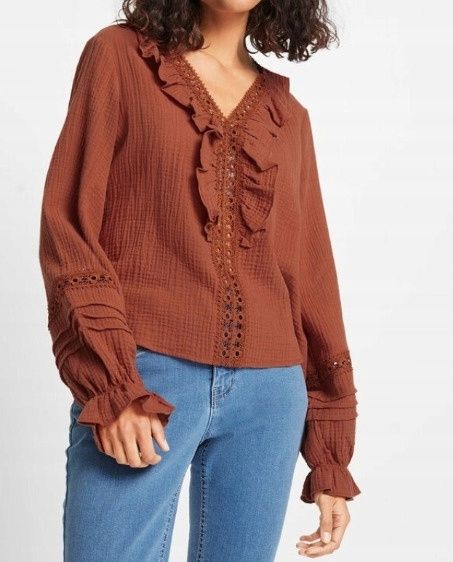 B.P.C bluzka muślinowa brązowa z koronką ^46