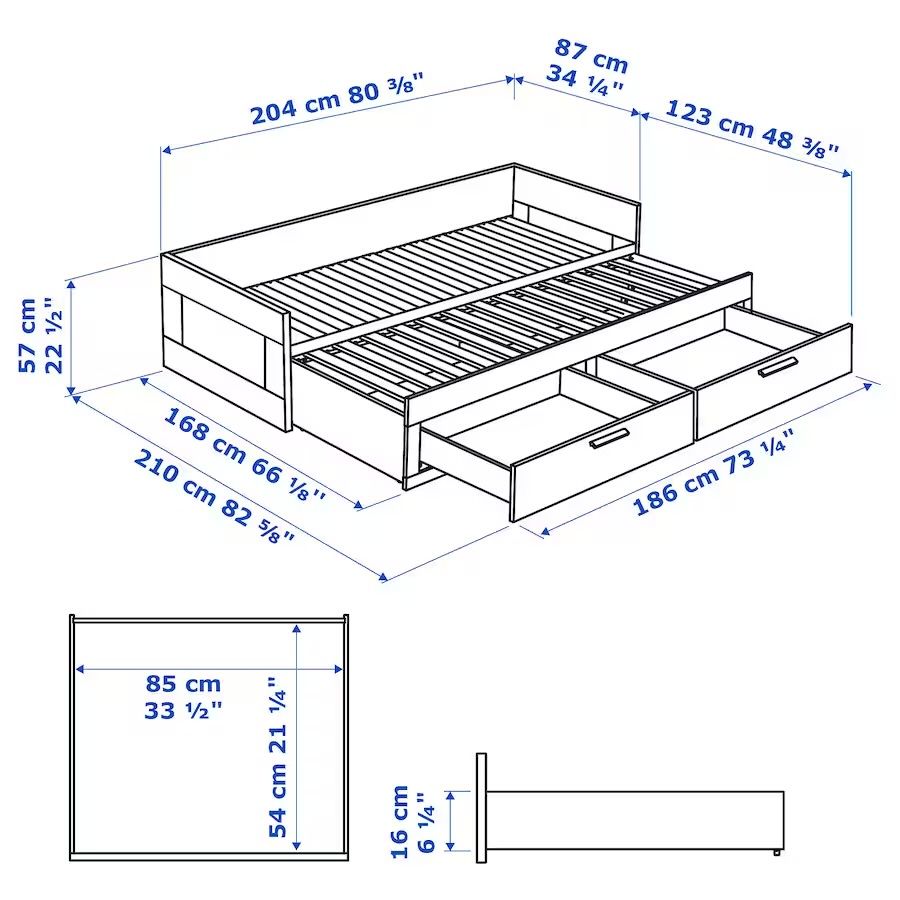 Cama indiv/dupla c/2 gav, branco, 80x200 cm | com 2 colchoes de espuma