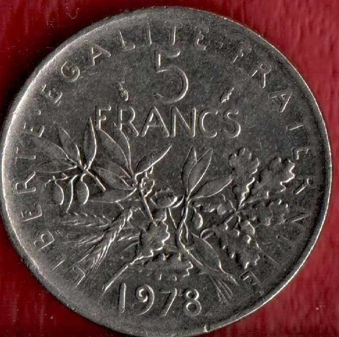 1 Frank 60,61,69,71,77-78 5 Frank 1978 r. Francja Komplet monet  Nr.15