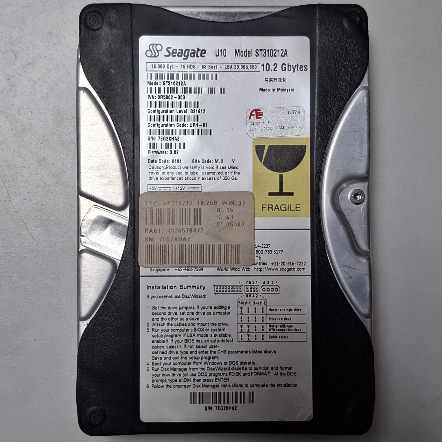 Dysk HDD 3.5" SEAGATE ST310212A 10.2gb IDE/ATA ADAX Sticker retro