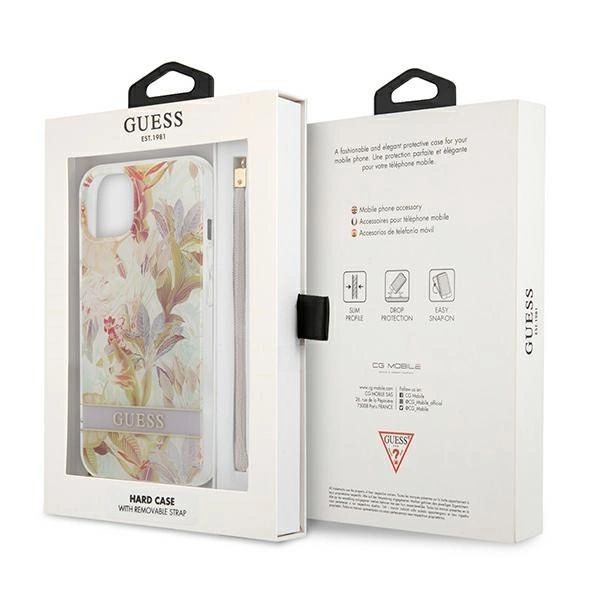 Etui Guess Flower Strap na iPhone 13 mini - fioletowe