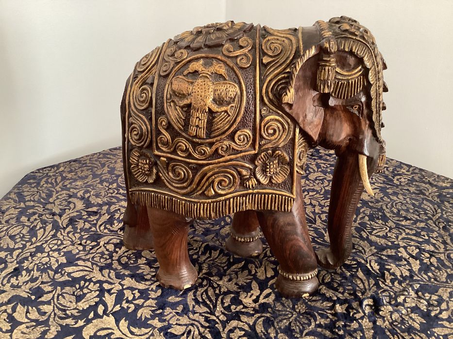 Słoń złocony RZEŹBA drewniana dł. 33cm
