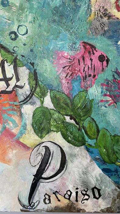 Rzeka, ryby, dużu  obraz,  akryl na płótnie , impresjonizm , fowizm