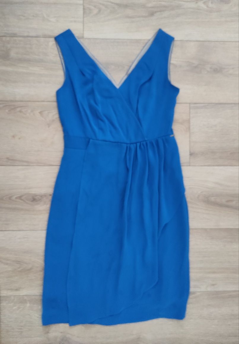 Sukienka niebieska 38 M Solar kopertowa maskująca koktajlowa elegancka