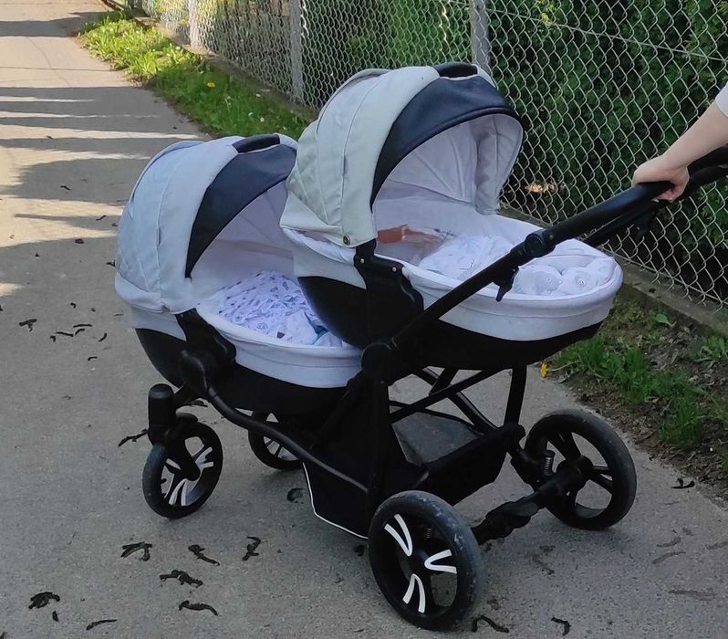 Szary popielaty Wozek bebetto 42 3w1 blizniaczy bliżniaki rok po rok