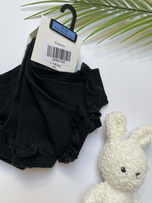 27-30 George UK9-12 5pak czarne bawełniane skarpety z falbanką koronka