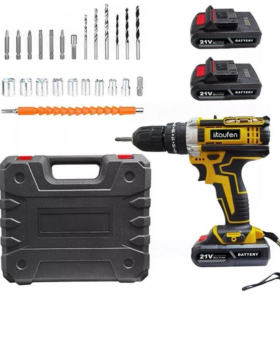 Wkrętarka akumulatorowa 21V z udarem, 2 baterie i zestaw bitów