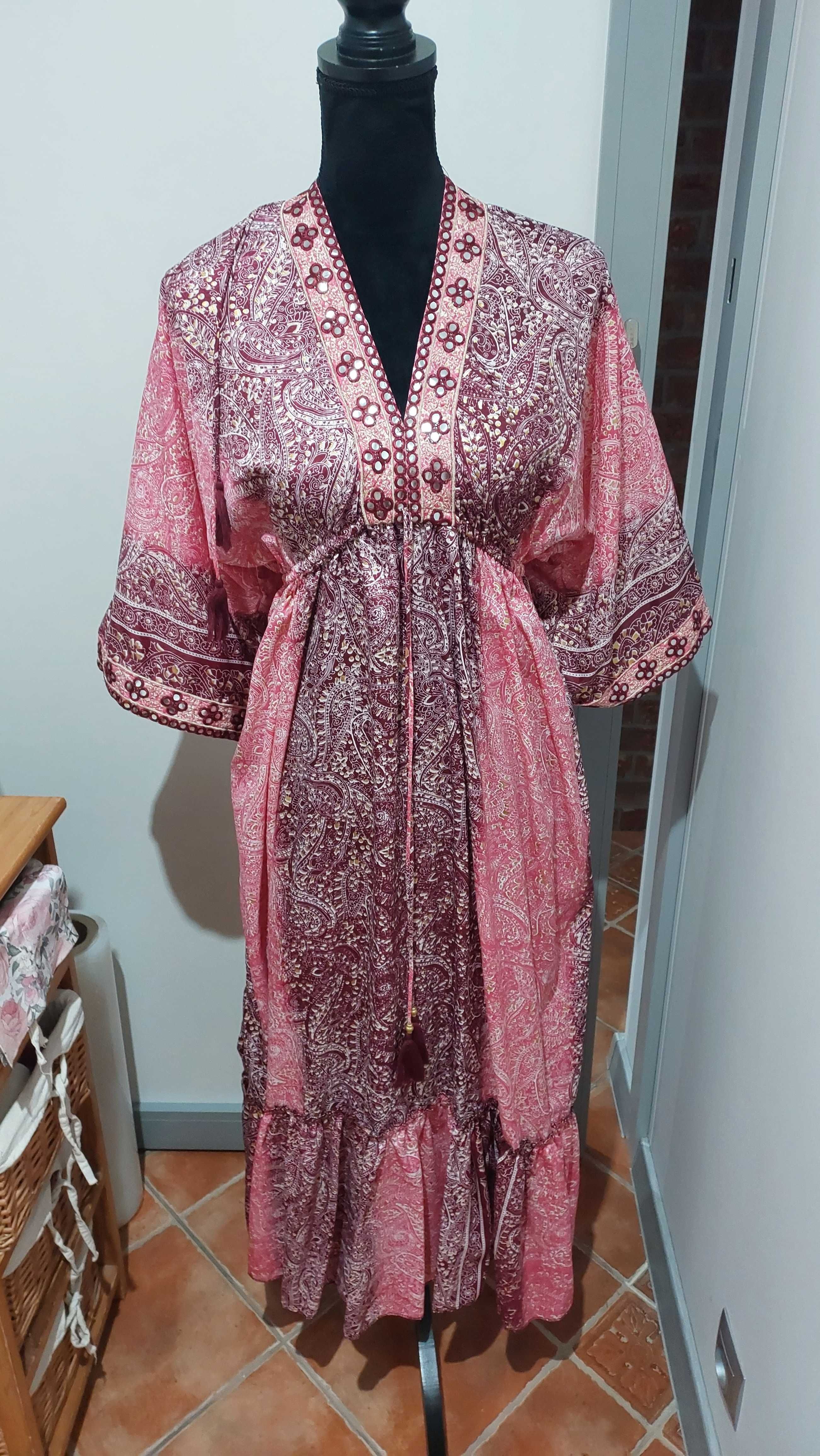 Jedwabna sukienka boho suknia S M L Xl kimono