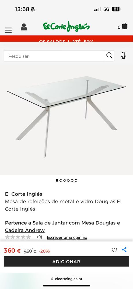 Mesa de refeições de metal e vidro Douglas El Corte Inglés