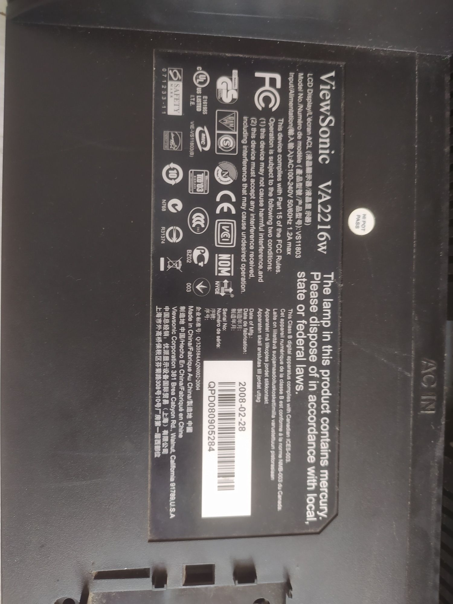 Monitor ViewSonic 22 "VA2216w
