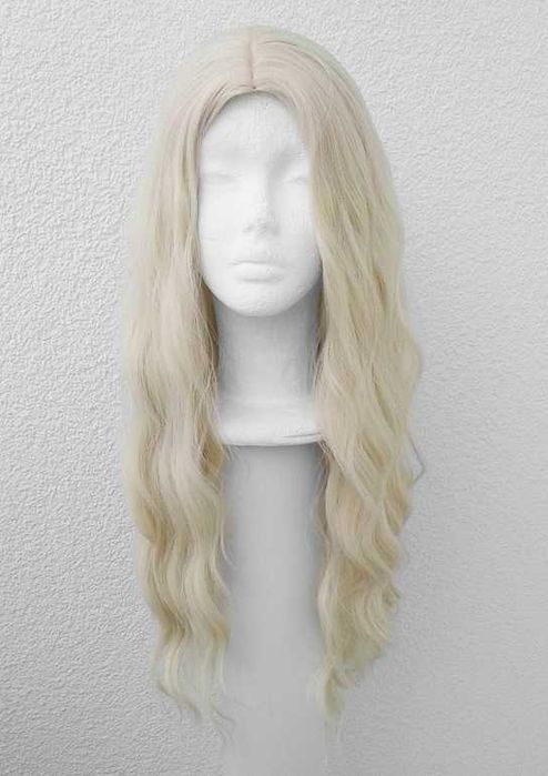 Blond długa falowana peruka z przedziałkiem bez grzywki cosplay wig