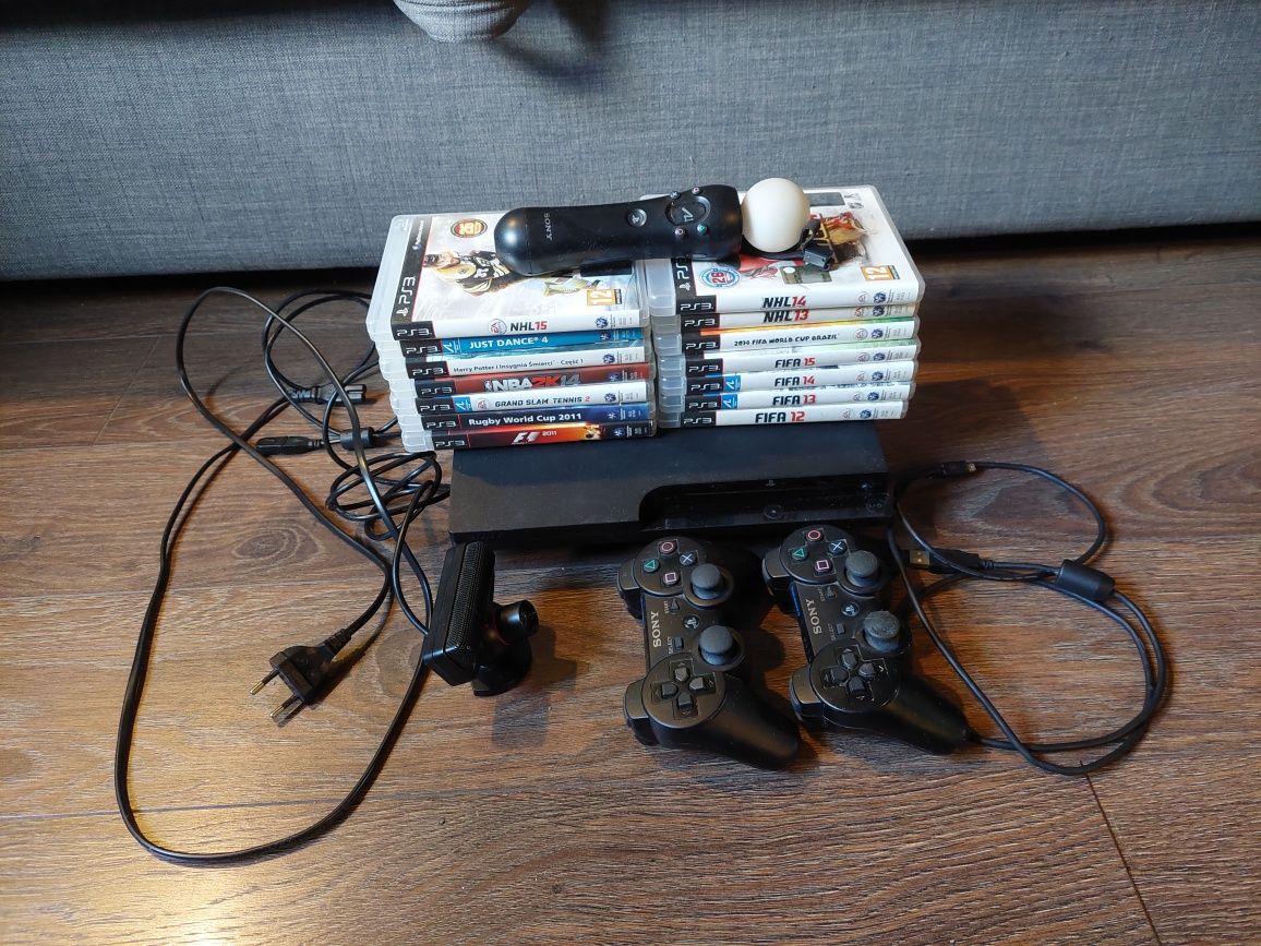 PS3 slim 160GB +2 kontrolery, PS Move i 14 gier