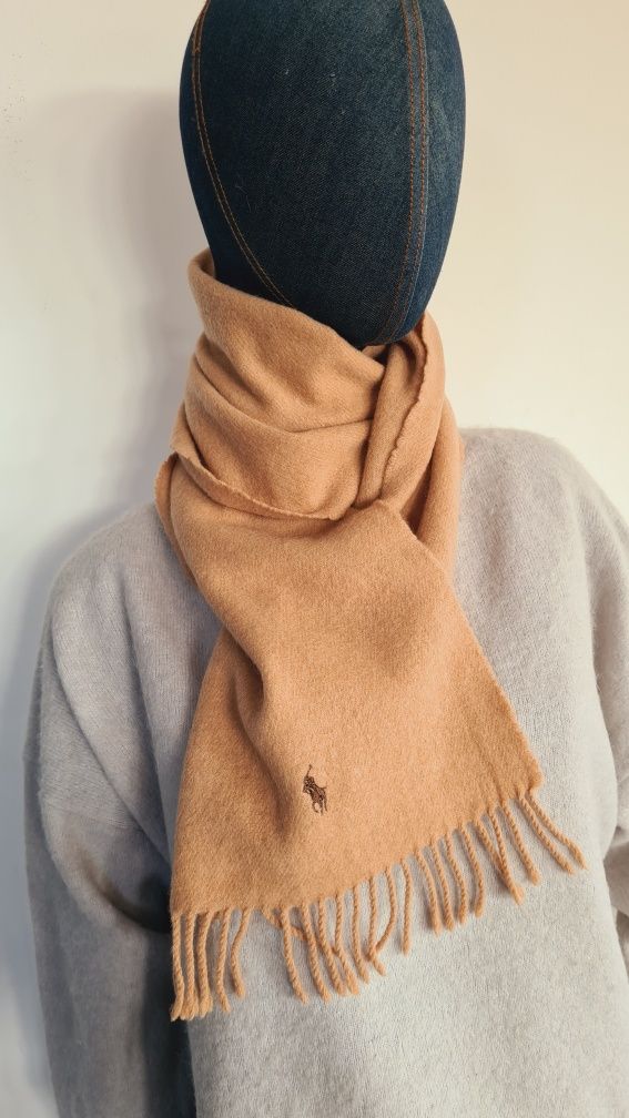Szalik Polo Ralph Lauren. Beżowy Kremowy Camel. 100% Lambswool Wełna.